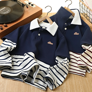 男童长袖T恤春秋2026新款儿童假两件翻领上衣中大童洋气polo衫潮