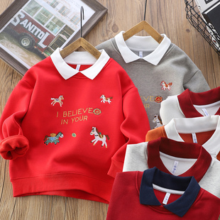 男童加绒翻领卫衣秋冬2025新款儿童马年本命年上衣中大童拜年服潮