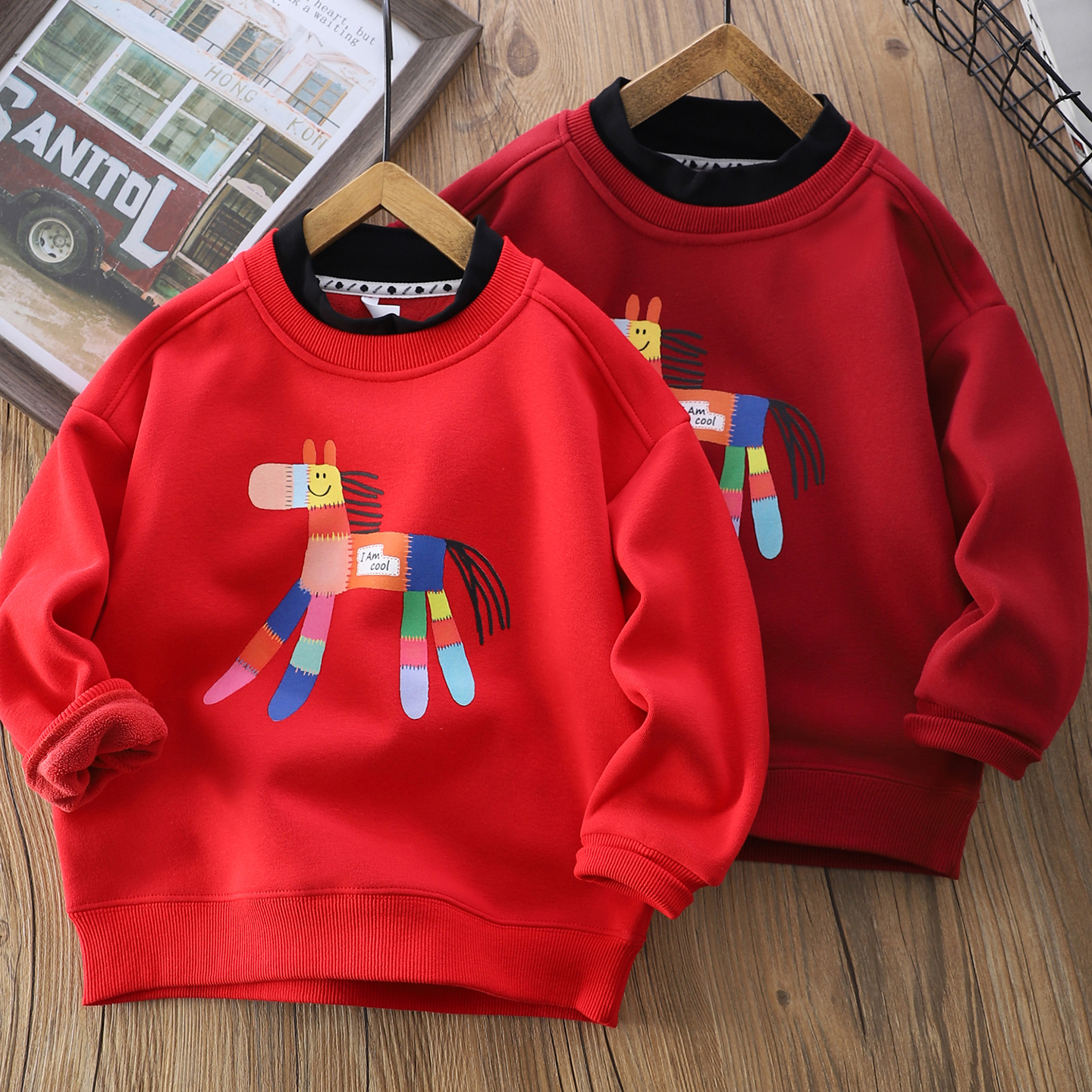 男童红色加绒卫衣冬装2025新款