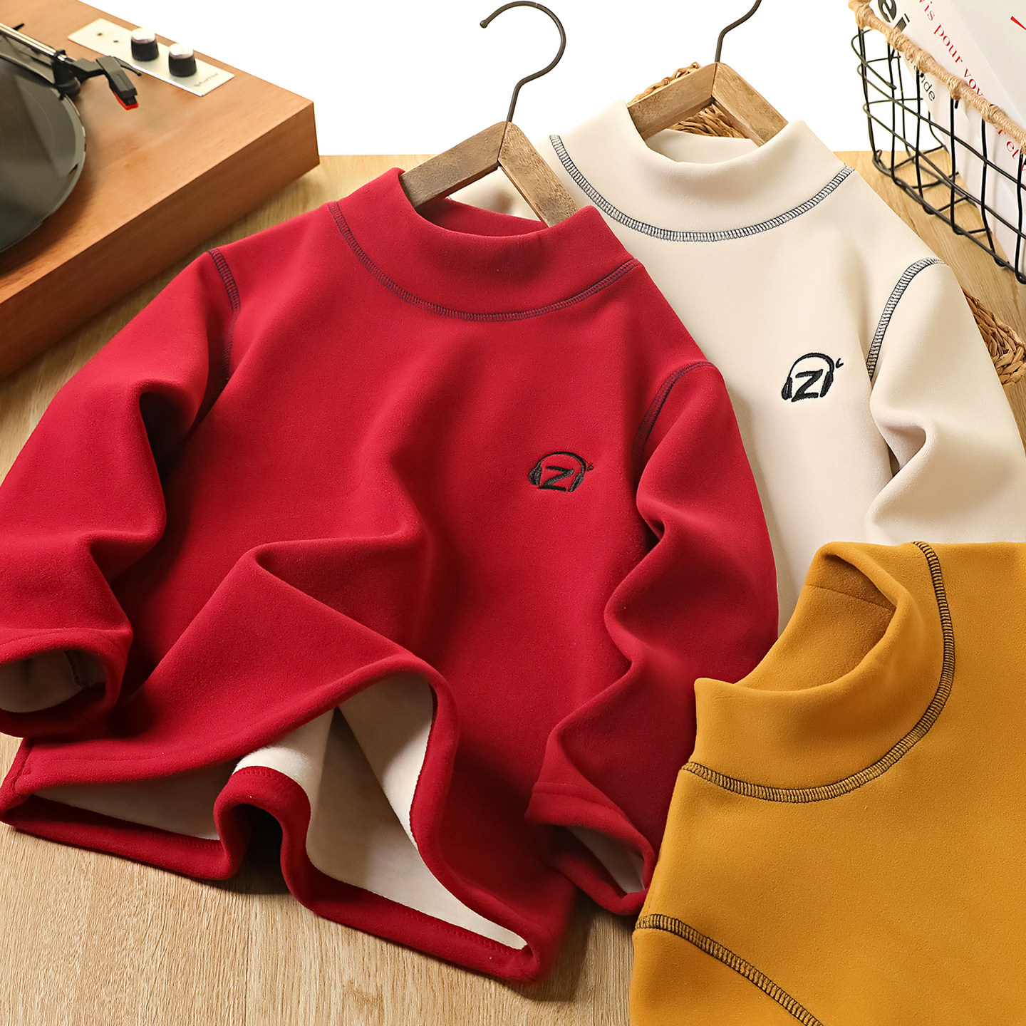 男童加绒打底衫秋冬2025新款儿童半高领加厚上衣中大童红色卫衣潮