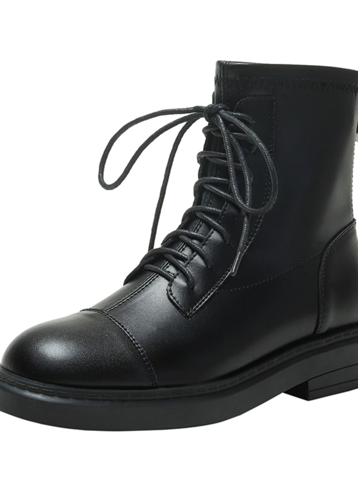 LEATHER BRITISH STYLE MARTIN BOOTS WOMENS FLAT BOTTOM 2023 NEW FALL|WINTER STRETCH SKINNY BOOTS FLEECE LACE-UP BOOTS