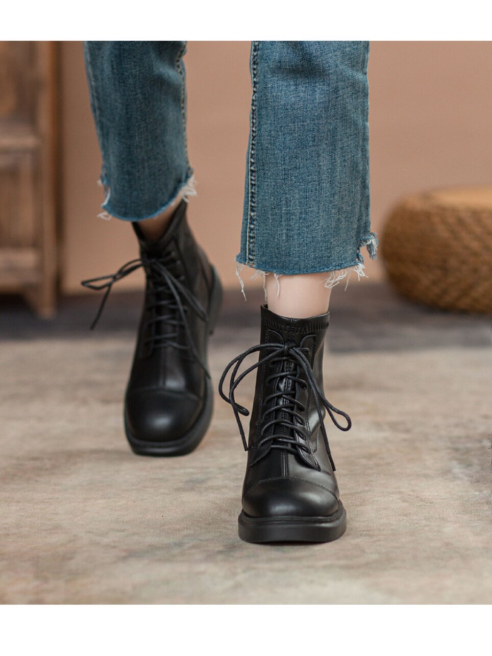 LEATHER BRITISH STYLE MARTIN BOOTS WOMENS FLAT BOTTOM 2023 NEW FALL|WINTER STRETCH SKINNY BOOTS FLEECE LACE-UP BOOTS