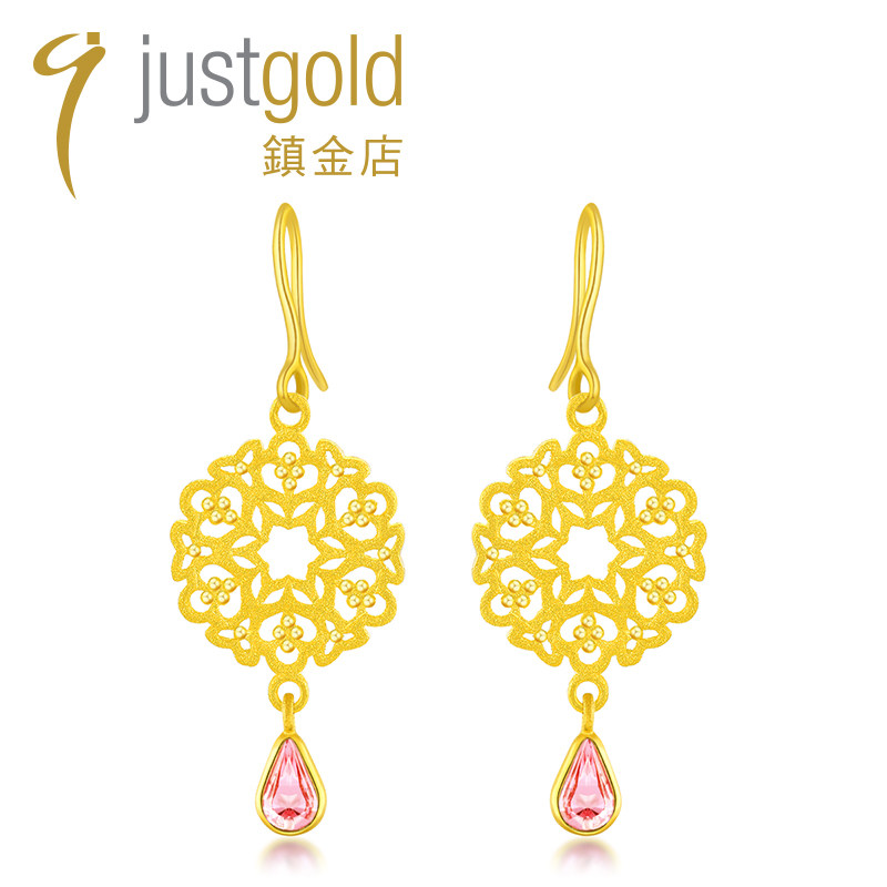 justgold镇金店繁花整圆足金黄金耳环耳钉耳钩1322221Y