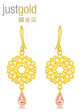 justgold镇金店繁花整圆足金黄金耳环耳钉耳钩1322221Y