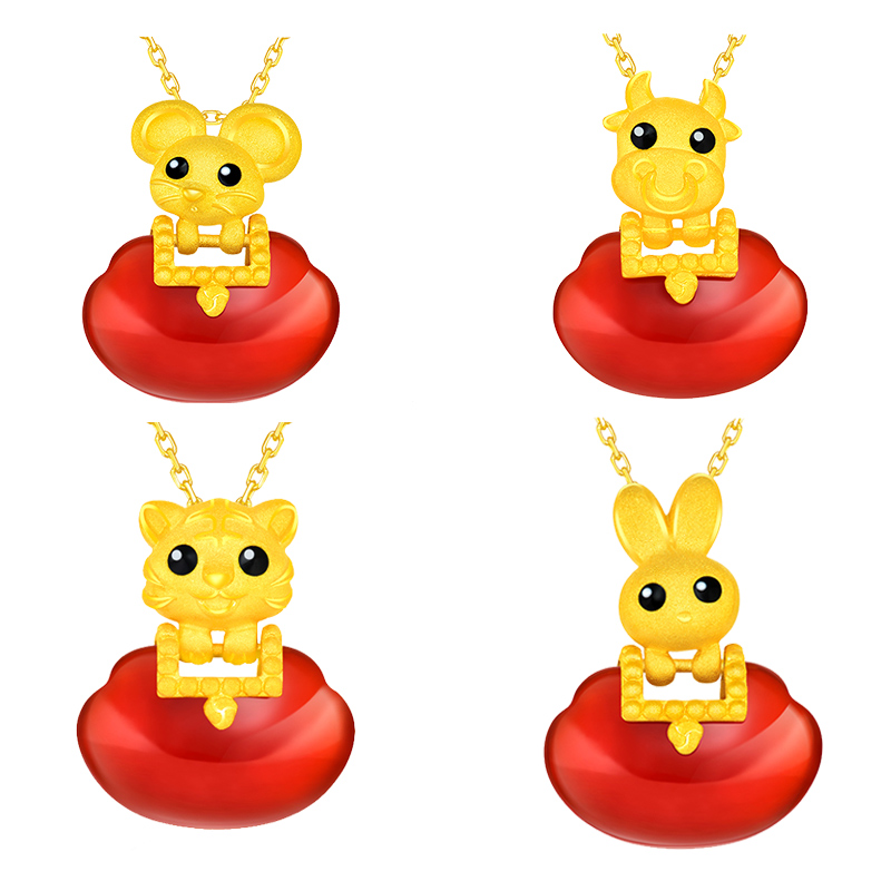 justgold镇金店满福如意十二生肖鼠牛虎兔黄金足金吊坠1529701Y