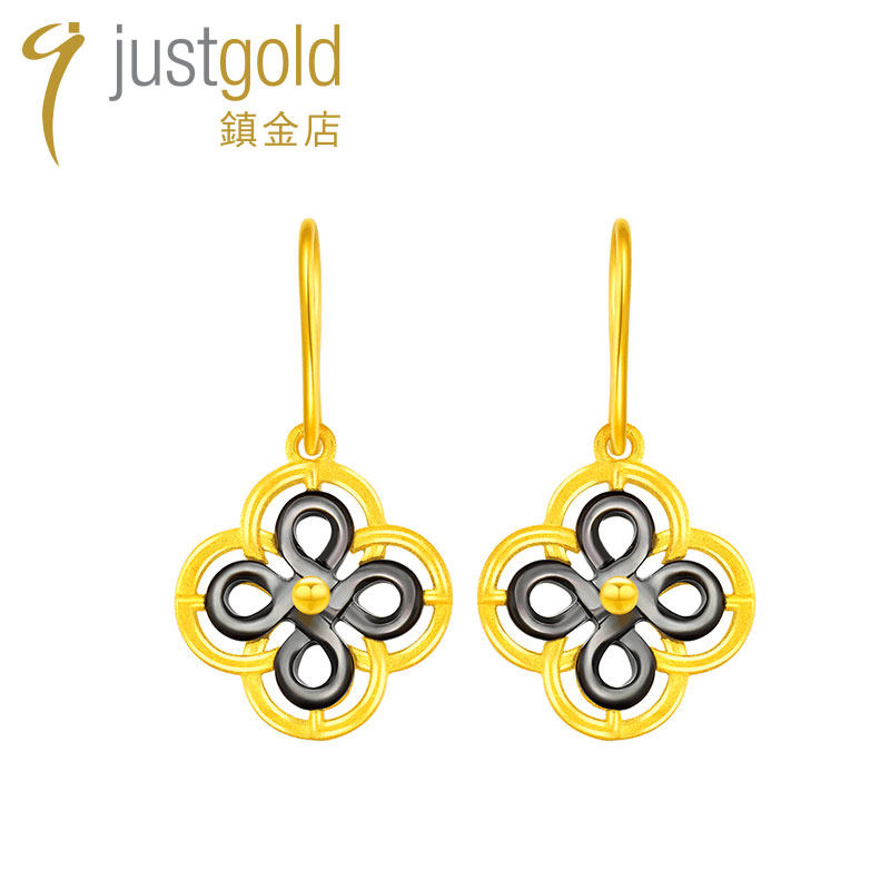justgold镇金店喜如意足金黄金耳勾耳环耳钉时尚个性1322471Y