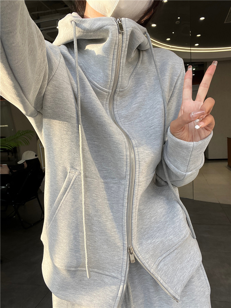 여성용 한국식 운동복 정장 가을 겨울 연령 감소 루즈 벨벳 및 두꺼운 후드 스웨트 셔츠 캐주얼 와이드 팬츠 투피스 세트