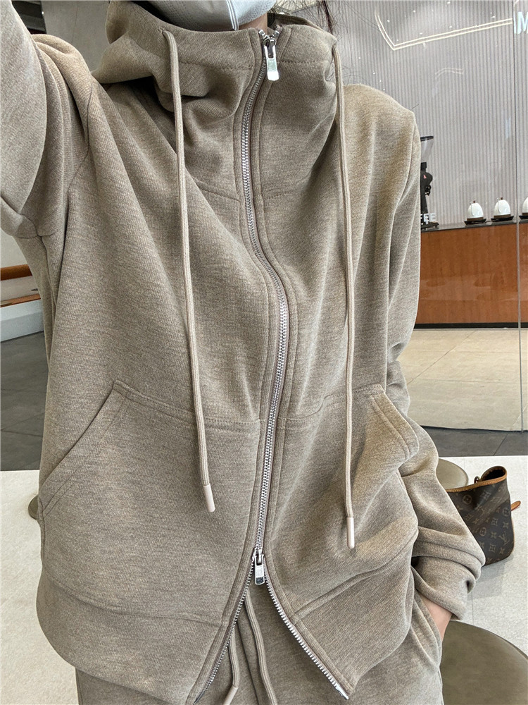 여성용 한국식 운동복 정장 가을 겨울 연령 감소 루즈 벨벳 및 두꺼운 후드 스웨트 셔츠 캐주얼 와이드 팬츠 투피스 세트