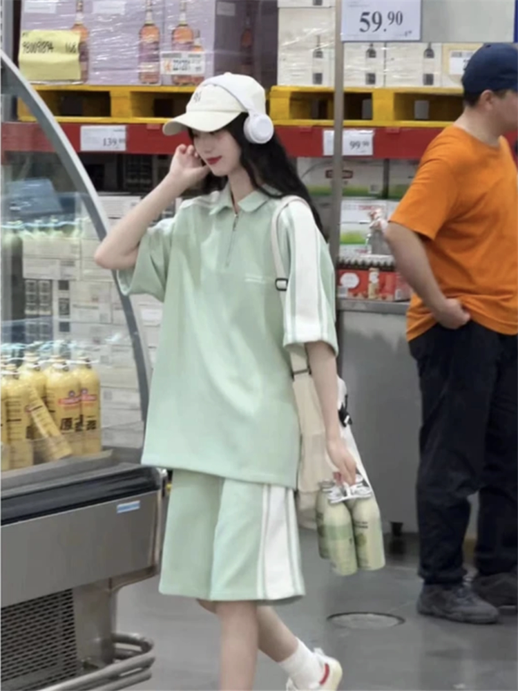 여성을위한 소금 OOTD 운동복 여름 민트 맘보 폴로 칼라 반팔 반바지 패션 투피스 학생 세트