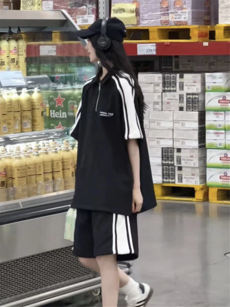 여성을위한 소금 OOTD 운동복 여름 민트 맘보 폴로 칼라 반팔 반바지 패션 투피스 학생 세트