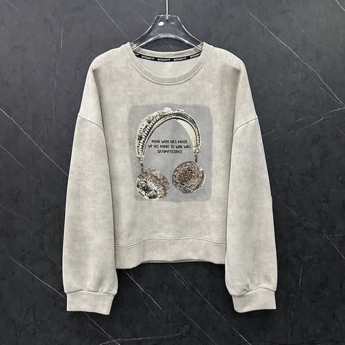 重工镶钻印花耳机圆领短款卫衣女