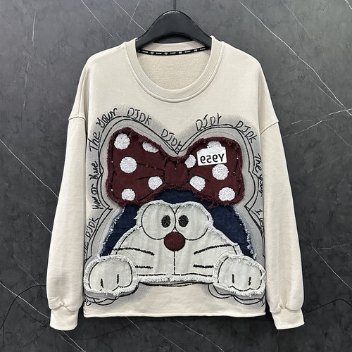 2025秋季重工新款卡通机器猫贴布刺绣圆领卫衣女宽松休闲百搭上衣