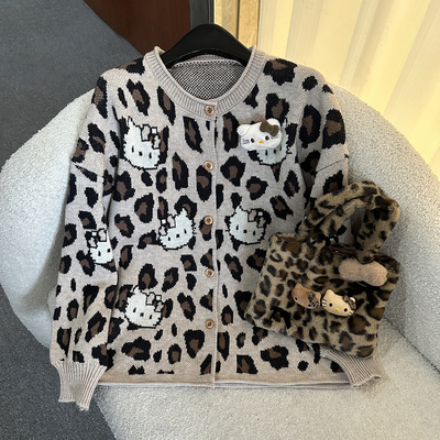 2025秋季新款卡通Kitty猫豹纹开衫针织毛衣女宽松休闲风减龄上衣