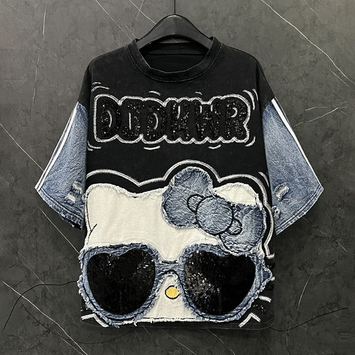 春夏重工新款卡通Kitty猫拼接短袖T恤女宽松休闲百搭减龄半袖上衣