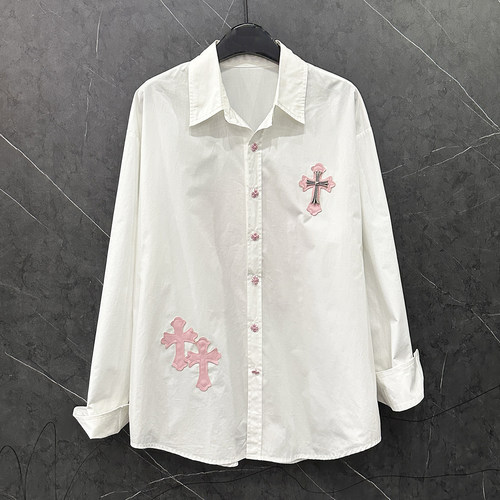 2025春夏重工新款梵文十字架长袖白衬衫女宽松休闲百搭中长款衬衣