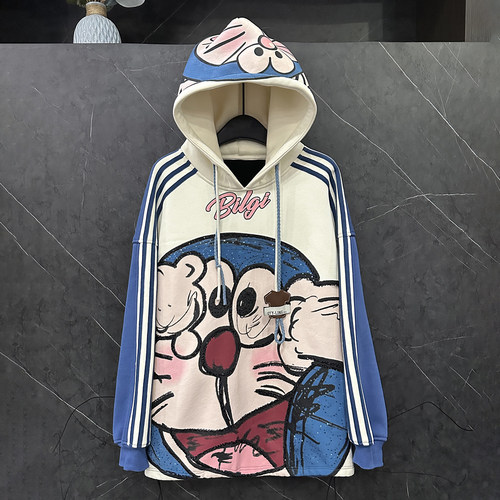 秋冬卡通机器猫连帽加绒卫衣女