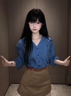 韩系蓝色V领衬衫女通勤商务套装