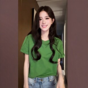 蒲言延同款夏法式简约风绿色圆领短袖T恤女宽松百搭显瘦纯色上衣