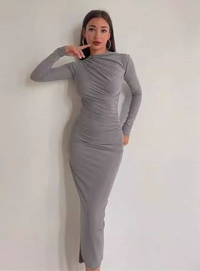 我是香秀同款灰色连衣裙新款欧美风春秋冬季高级感纯色气质包臀裙