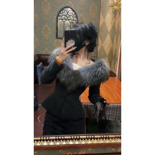 复古老钱风套装女秋冬季仿真银狐皮草毛呢外套包臀半身中裙两件套