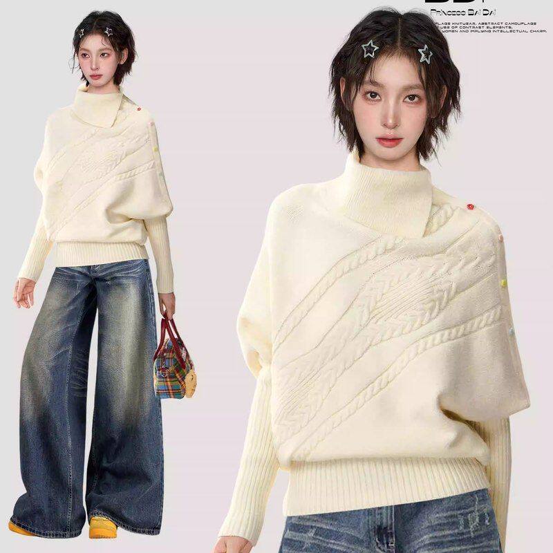 一只香白色高领套头针织毛衣女秋冬季加厚内搭打底蝙蝠袖斗篷上衣