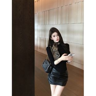 迪迪不畏同款黑色高领打底衫七分袖针织T恤女春秋季修身弹力内搭