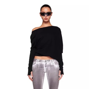 迪迪不畏同款白色斜肩T恤套指长袖辣妹纯欲设计感小众显瘦上衣潮