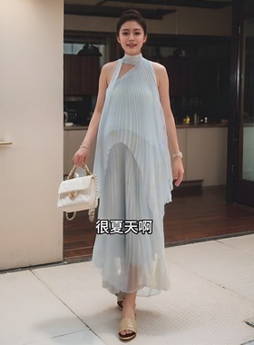 宋玉xi同款蓝色套装孕妈装褶皱飘带不规则吊带上衣半身裙夏装法式