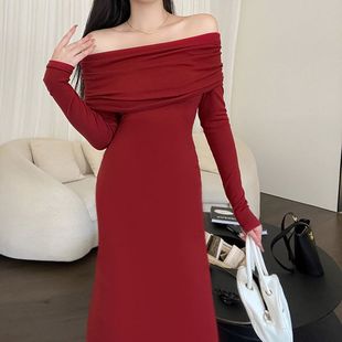 迪迪不畏同款红色一字肩长袖鱼尾长裙ins春季法式复古修身连衣裙