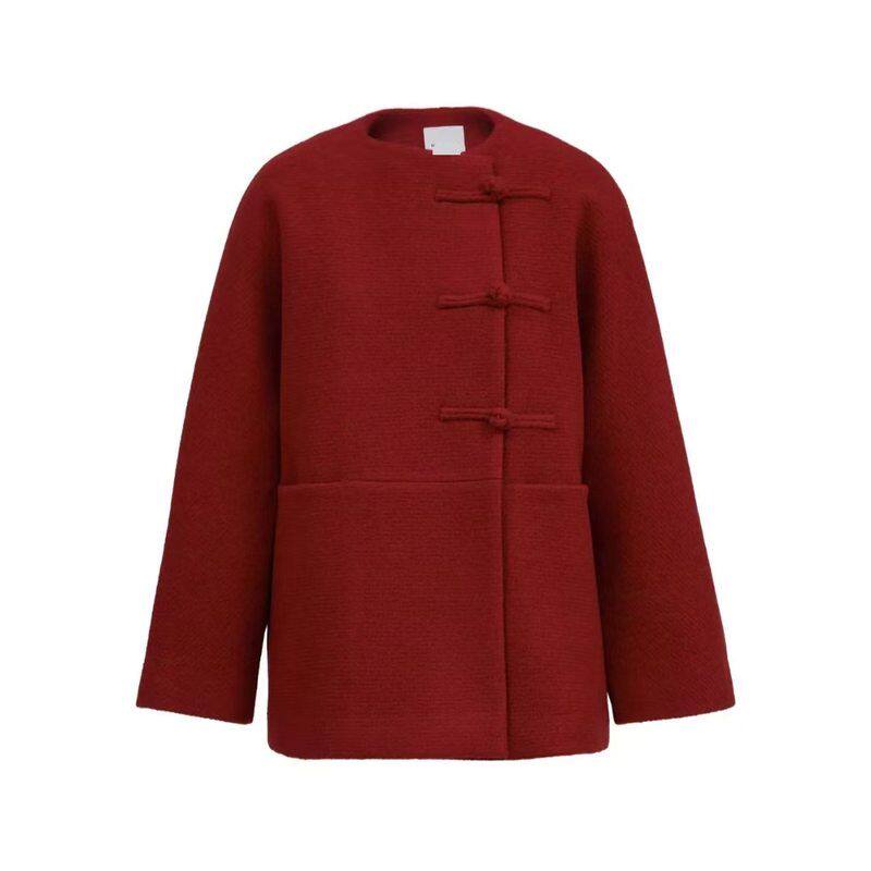 CC雨涵同款红色短外套毛呢新中式冬季新款宽松盘扣新年战袍不挑人