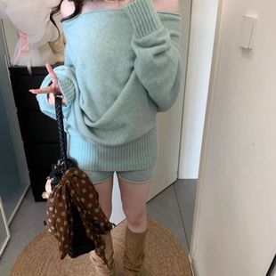f薄荷绿针织露肩毛衣短裤套装韩系温柔风两件套女春秋冬季新品女