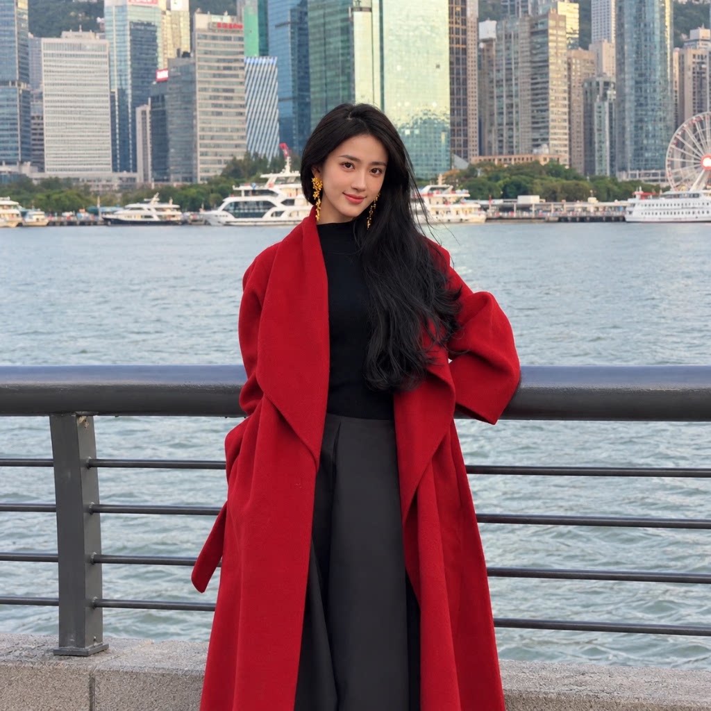 红色战袍毛呢大衣女秋冬