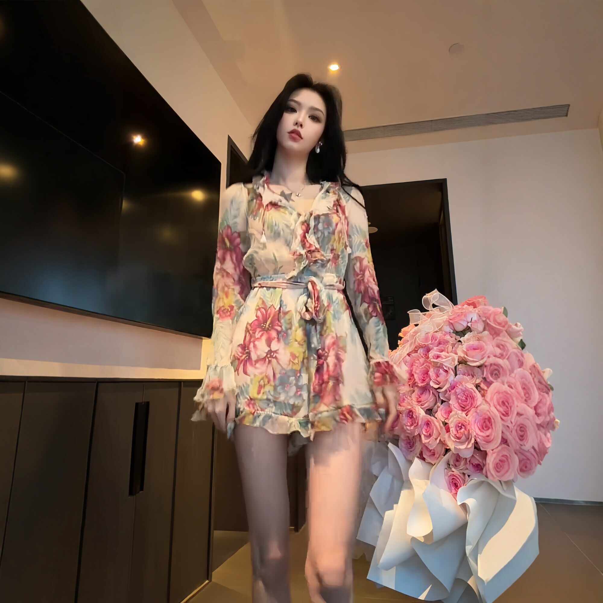 刁毛同款法式浪漫风印花连衣裙女长袖收腰显瘦甜美花园风衬衫短裙