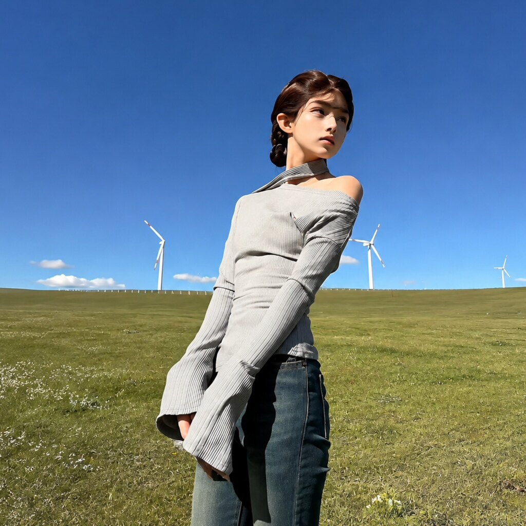 章鱼泡芙同款纯欲灰色飘带露肩长袖T恤女灰色修身显瘦打底衫上衣