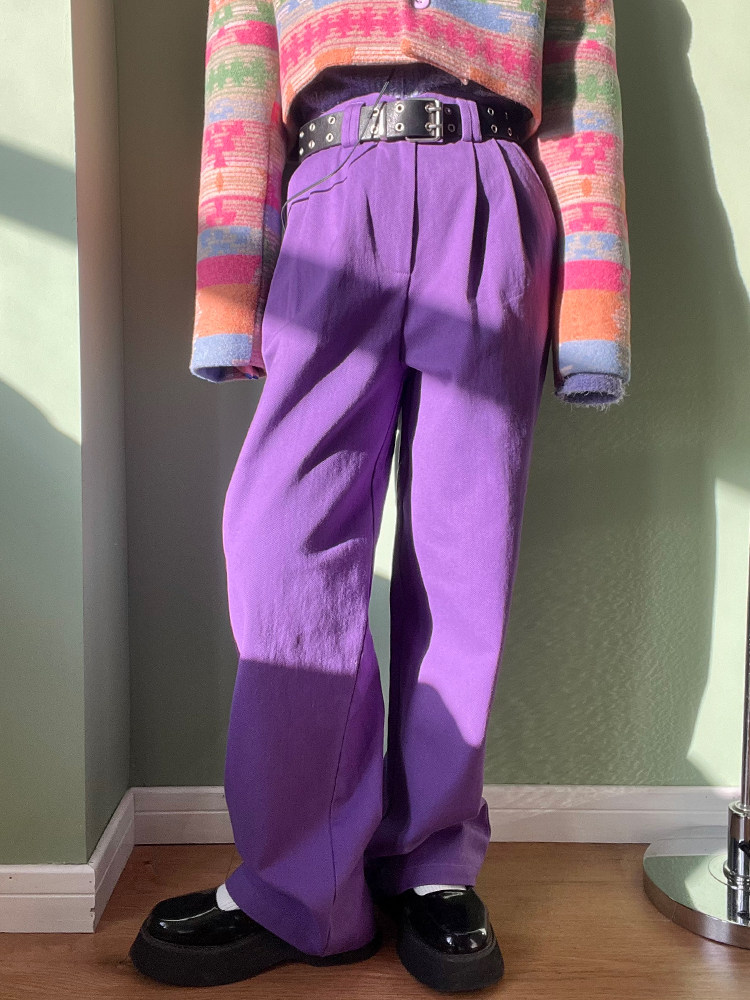 半童bantong 原创超正紫色波浪腰斜纹棉长裤