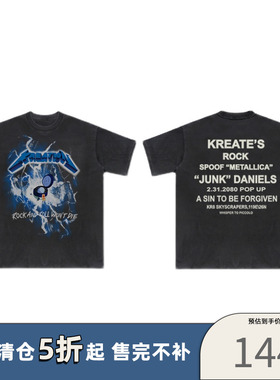 KREATE 21SS 重工水洗蓝闪电“METALLICA”乐队印花做旧短袖T恤男