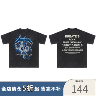 KREATE 21SS 重工水洗蓝闪电“METALLICA”乐队印花做旧短袖T恤男
