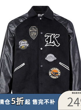 【潮WOO专属】KREATE毛巾刺绣拼接皮袖秋冬重磅毛呢厚棒球夹克男