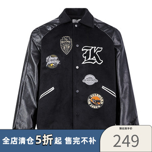 【潮WOO专属】KREATE毛巾刺绣拼接皮袖秋冬重磅毛呢厚棒球夹克男