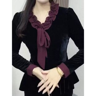 好品春秋新款 花边领打底小衫 女气质减龄百搭显瘦长袖 金丝绒上 时尚