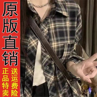 好品新款藏青色格子衬衫男女宽松学生长袖慵懒风美式复古衬衣外套