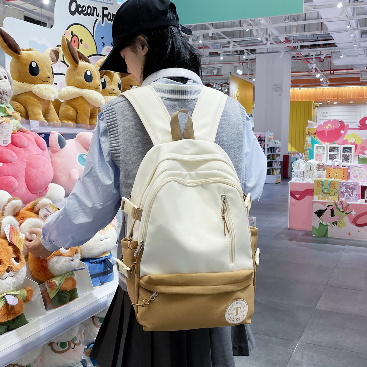 日系复古简约百搭书包男女高初中小学生双肩包撞色大容量背包韩版