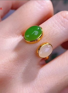 碧玉藕粉蛋面戒指s925银猫眼玉石手饰优雅时尚气质开口