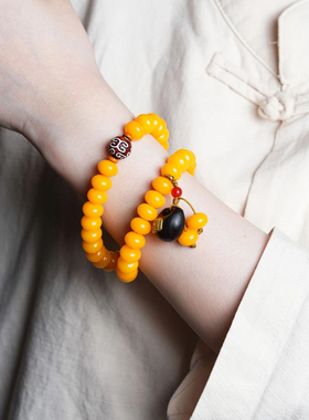 原生态黄菩提根手串小锁男女款手链佛珠文玩菩提算盘珠双圈文玩