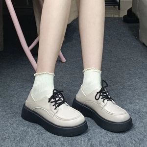 深霖厚底大头小皮鞋子女2023年新款百搭英伦风增高系带猪腰子单鞋