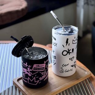 涂鸦不锈钢咖啡杯女生办公室创意水杯户外便携吸管杯家用杯子 新款