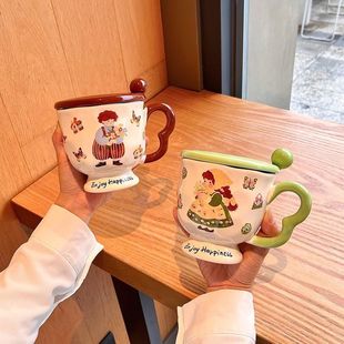 水杯家用咖啡早餐杯 马克杯带盖勺高颜值陶瓷杯子小众高脚杯情侣款