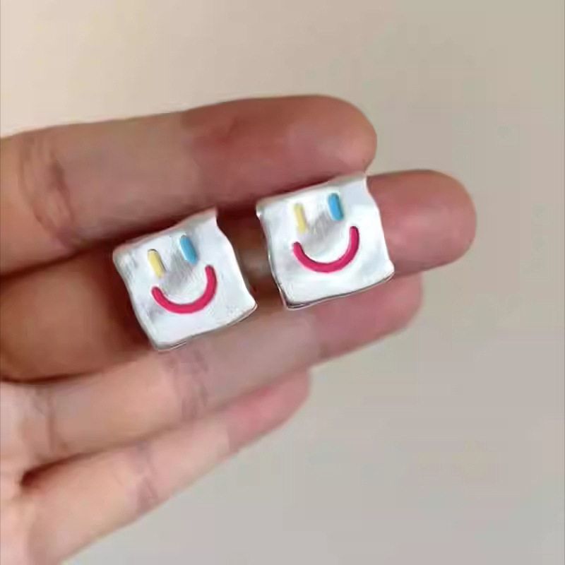 银针金属小方块彩色笑脸耳钉小