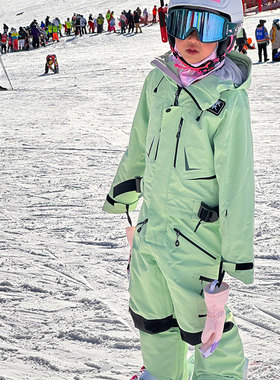 大童滑雪服套装男童绿色滑雪衣服专业双板单板儿童连体滑雪服套装