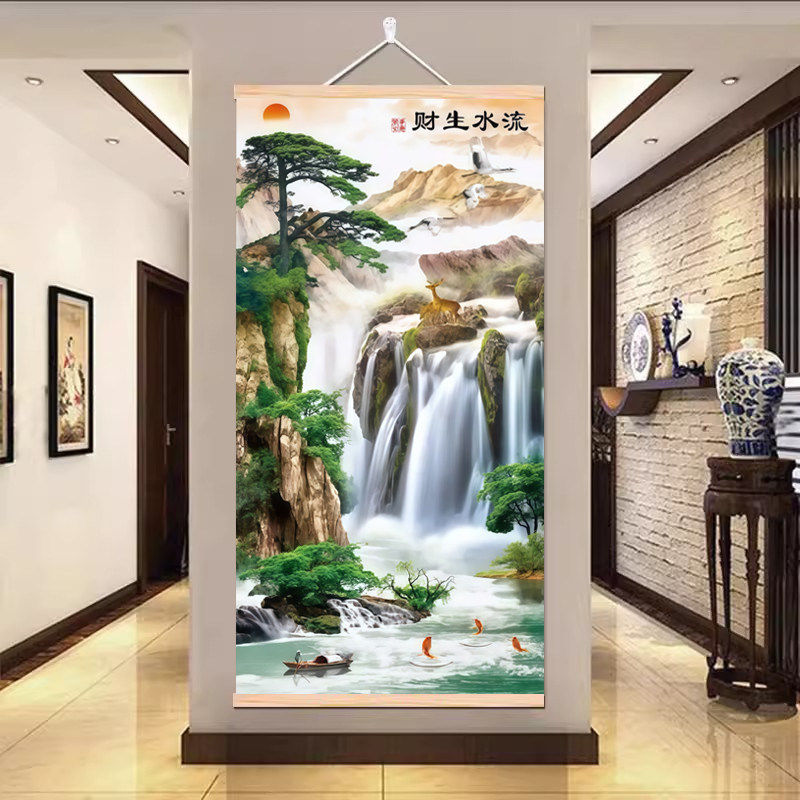 中式山水风景装饰画客厅玄关挂画财生水流瀑布松树护脊沙发背景墙